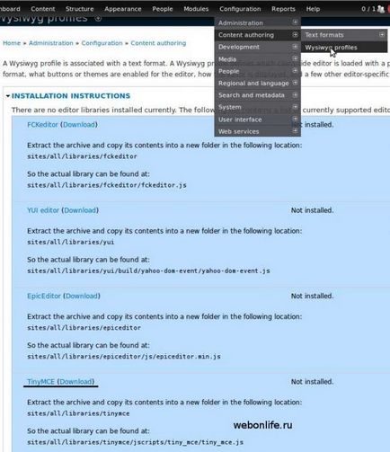 Instalăm modulul drupal wysiwyg și editorul de text