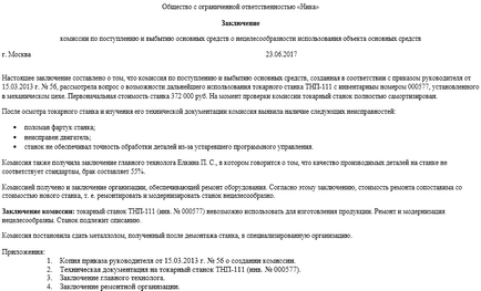 Висновок комісії зі списання основних засобів - приклад