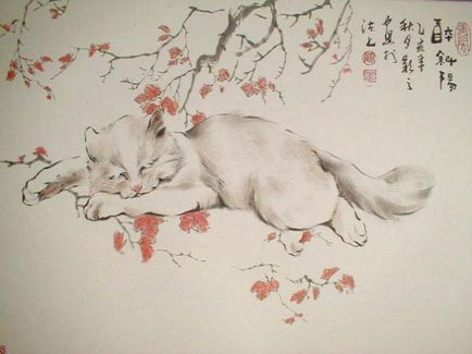 Macskák akvarellek kínai művész Gu yinchzhi - farkú kerékpárok