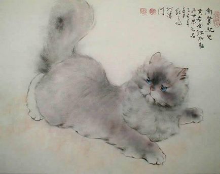 Macskák akvarellek kínai művész Gu yinchzhi - farkú kerékpárok