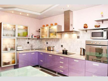 Bucătărie lilac color fotografie fațade alb-liliac de interior, design și o combinație de bucătărie colț,