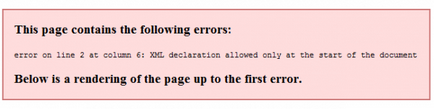 декларация за грешка XML допуска само в началото на документа