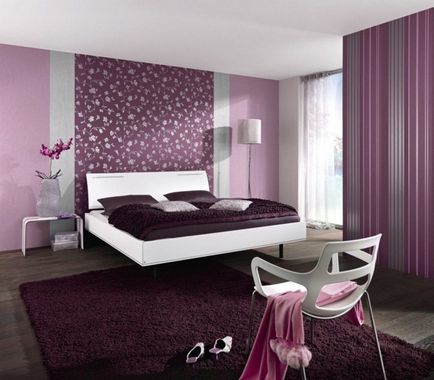 Design wallpapering în dormitor de două tipuri, fotografie