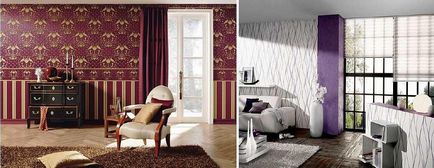 Interiorul dormitorului cu două tipuri de tapet ca pokleit, fotografie, combinație, selecție de culori, însoțitori,