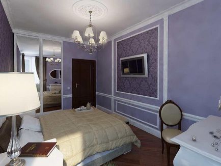 Interiorul dormitorului cu două tipuri de tapet ca pokleit, fotografie, combinație, selecție de culori, însoțitori,