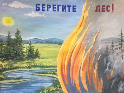 Cum de a desena un poster pe o temă - Aveți grijă de pădure de la un incendiu