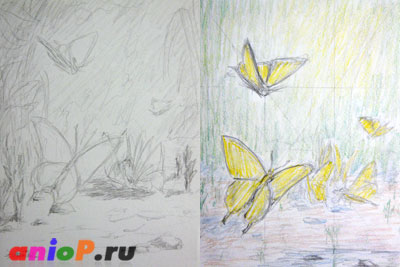 Pictura cu fluturi în creioane color - desen lecții cu creioane și pastelate