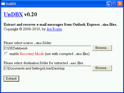 Extragerea dbx la eml și redirecționare, Outlook Express la Outlook