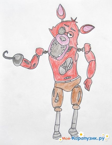 Cum de a desena un Foxy de la 5 nopți cu freddy în etape creioane colorate