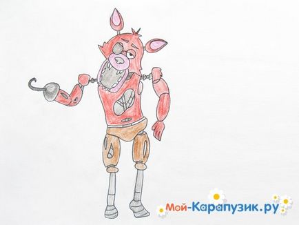 Cum de a desena un Foxy de la 5 nopți cu freddy în etape creioane colorate