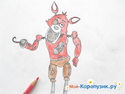 Cum de a desena un Foxy de la 5 nopți cu freddy în etape creioane colorate