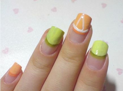 Cum sa faci o manichiura de citrice cu un model pe unghii lămâie și portocalie - o lecție de întoarcere - un maestru