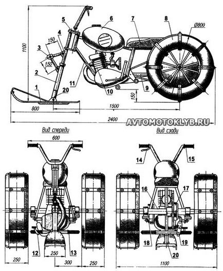 Un simplu snowmobile de schi cu roți pe pneumatice