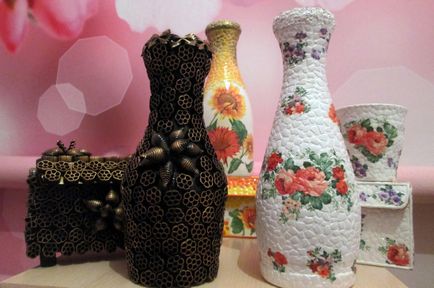 Декор вази полімерною глиною своїми руками, ідеї декупажу, прикраса тканиною, нитками і склом