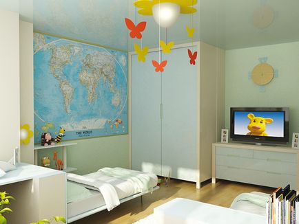 Harta geografică a lumii în interiorul unei grădinițe, dormitor și cameră de zi