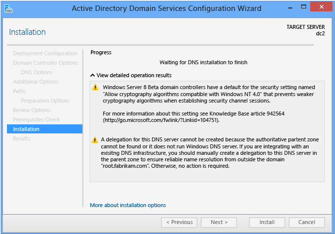 Instalarea replicii controlerului de domeniu Windows Server 2012 în domeniul existent (nivelul 200)