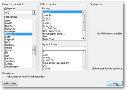 Ca în cuvânt ms, creați un număr de cuvinte utilizând codurile de câmp