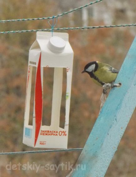 Hrănitoare pentru păsări dintr-un pachet de lapte, site pentru copii