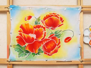 Poppies în tehnica de batik rece pe bumbac, atelier batik sediment de speranță și savochkin