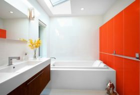 Помаранчева ванна кімната фото дизайну, поєднання кольорів