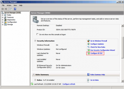 Dezactivați configurația de securitate îmbunătățită a Internet Explorer (ie esc) în Windows Server 2008