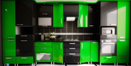 Зелена кухня стильні поєднання кольорів в інтер'єрі, сучасні штори і шпалери