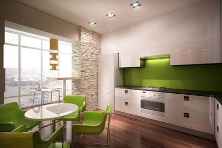 Zöld konyha elegáns színkombináció a belső, modern függönyök és tapéta