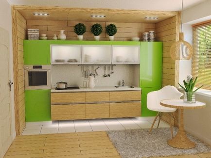 Bucătărie verde combinată de culori elegante în interior, perdele moderne și tapet