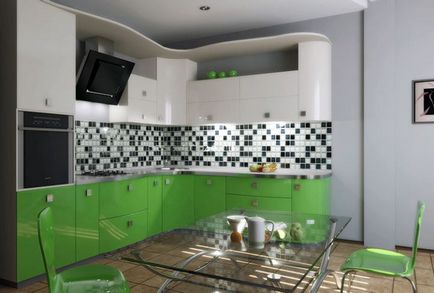 Bucătărie verde combinată de culori elegante în interior, perdele moderne și tapet