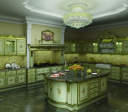 Bucătărie verde combinată de culori elegante în interior, perdele moderne și tapet