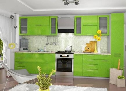 Bucătărie verde combinată de culori elegante în interior, perdele moderne și tapet