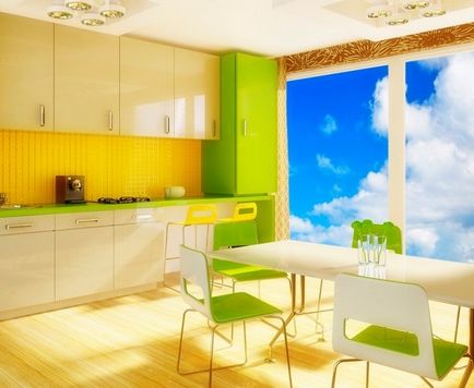 Zöld konyha elegáns színkombináció a belső, modern függönyök és tapéta (konyha) Zöld konyha elegáns színkombináció a belső, modern függönyök és tapéta