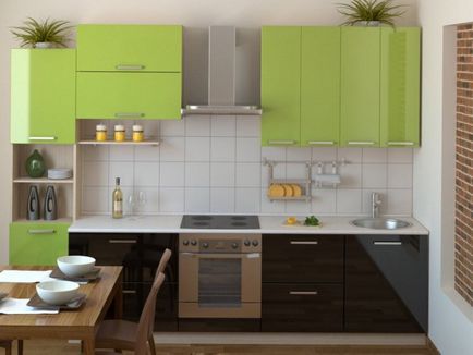 Bucătărie verde combinată de culori elegante în interior, perdele moderne și tapet