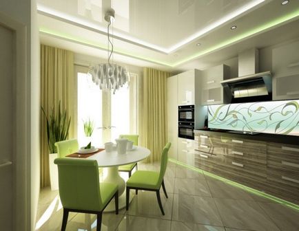 Bucătărie verde combinată de culori elegante în interior, perdele moderne și tapet