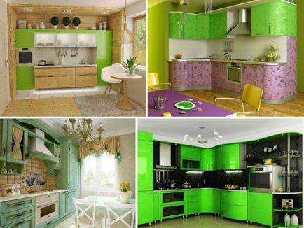 Bucătărie verde combinată de culori elegante în interior, perdele moderne și tapet