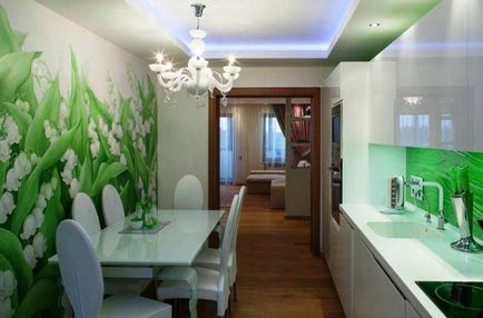 Зелена кухня стильні поєднання кольорів в інтер'єрі, сучасні штори і шпалери