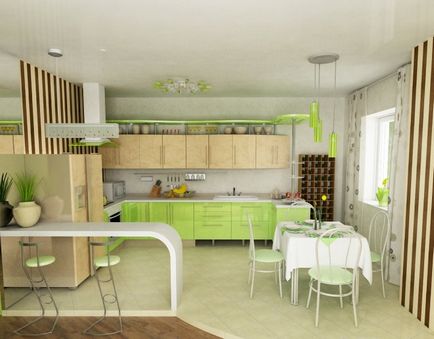 Bucătărie verde combinată de culori elegante în interior, perdele moderne și tapet