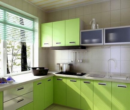 Bucătărie verde combinată de culori elegante în interior, perdele moderne și tapet