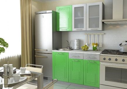 Bucătărie verde combinată de culori elegante în interior, perdele moderne și tapet