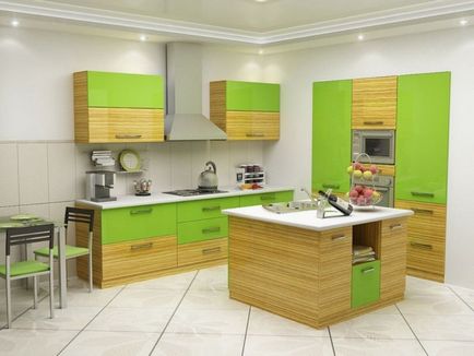 Bucătărie verde combinată de culori elegante în interior, perdele moderne și tapet