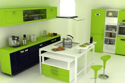 Bucătărie verde combinată de culori elegante în interior, perdele moderne și tapet