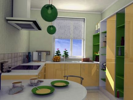 Bucătărie verde combinată de culori elegante în interior, perdele moderne și tapet