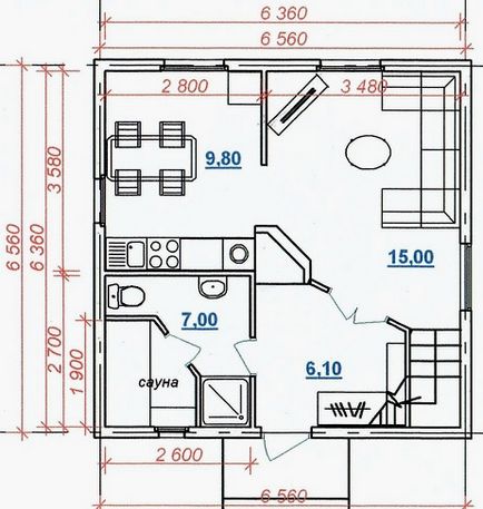 Proiecte și aspectul casei cu o sobă 6x6, 7x7, 8x8, 6x8 și alte dimensiuni