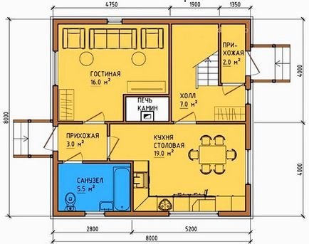 Proiecte și aspectul casei cu o sobă 6x6, 7x7, 8x8, 6x8 și alte dimensiuni