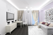 Interiorul alb-negru al camerei de zi (fotografie), decorarea camerei de zi în culorile culorii, repararea apartamentelor