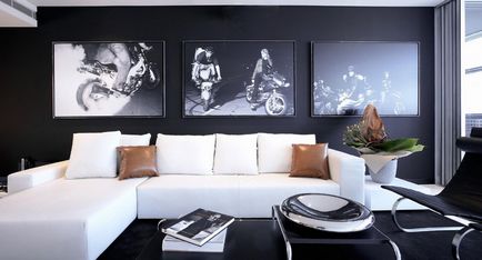 Fekete-fehér belseje nappali (fotó), a nappali dekoráció bw színek, felújított lakás