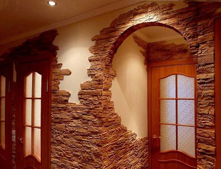 Țiglă de ghips decorative sub o piatră și o cărămidă, lipici și stivuire pe un perete, video, interne
