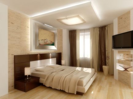 Dormitor și tavan extensibil, opțiuni de design, fotografie