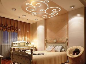 Dormitor și tavan extensibil, opțiuni de design, fotografie
