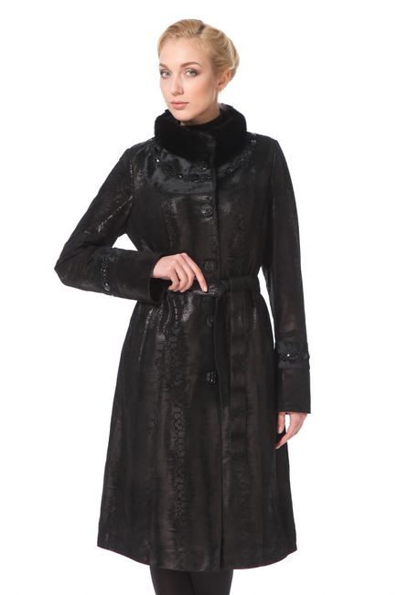 Жіноче шкіряне пальто з натуральної замші (з накатом) з коміром, обробка норка верхня сорочка